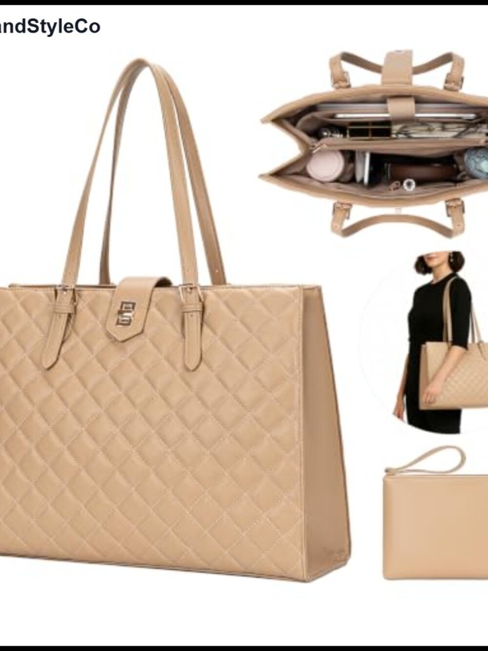 Quilted Faux Leather Laptop Tote Bag for Women Nurse Teacher Work Bag
